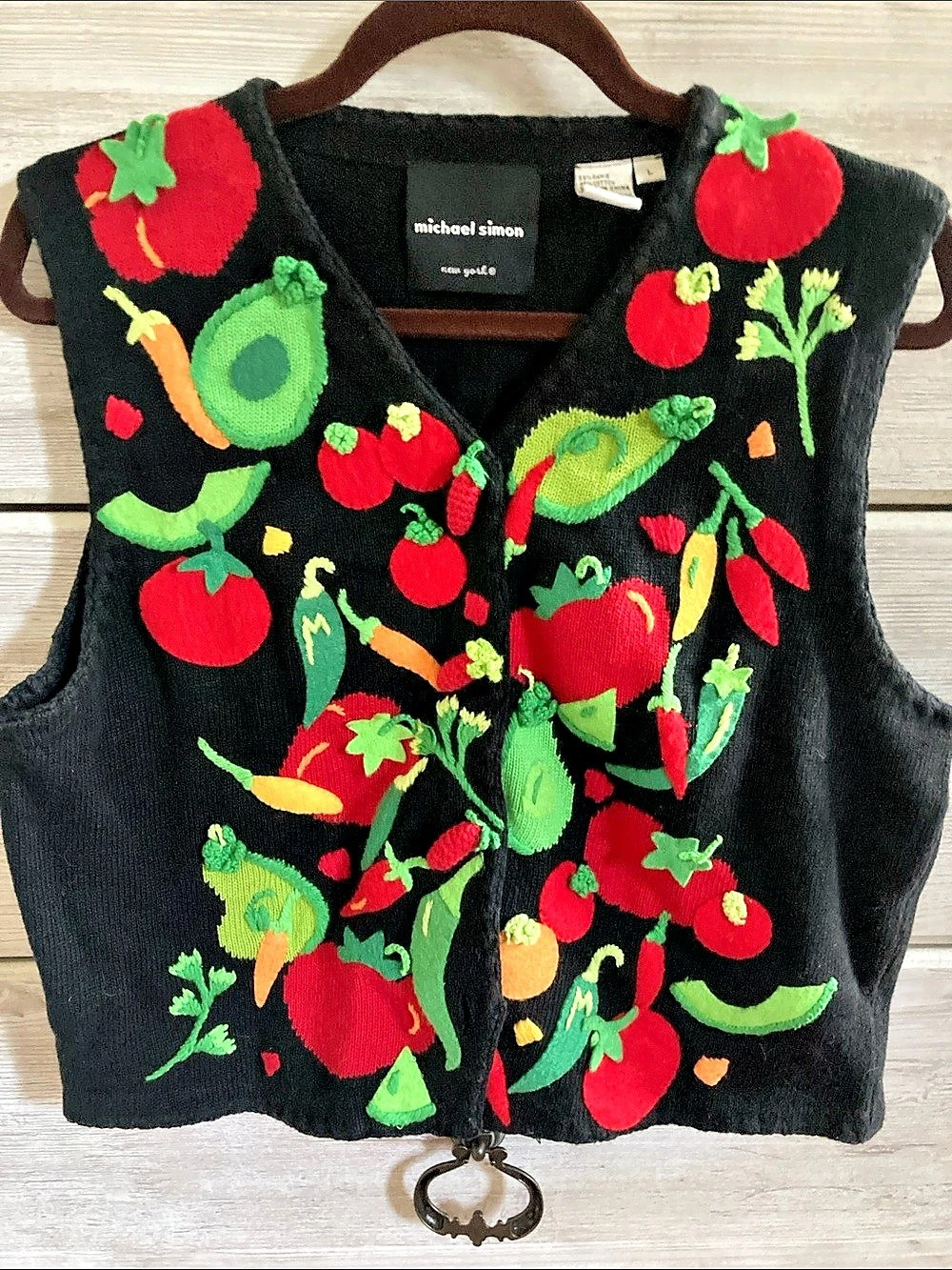 MICHAEL SIMON Embroidered Patchwork Vegatable Sweater Vest Teacher Size Large